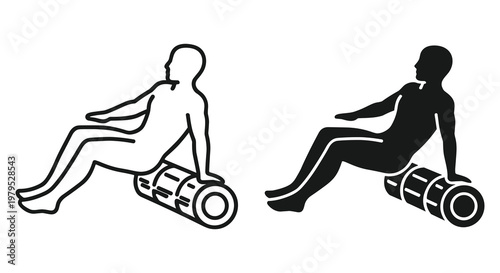 Two people demonstrate seated glute rolling with foam roller, black and white