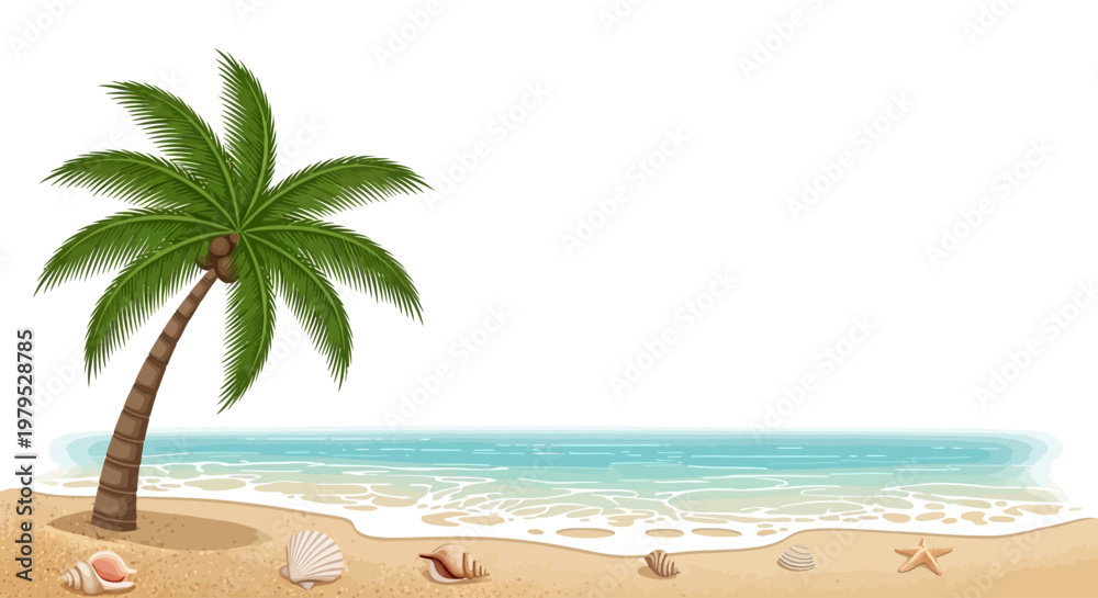 Obraz premium Palm tree on sandy beach shore.