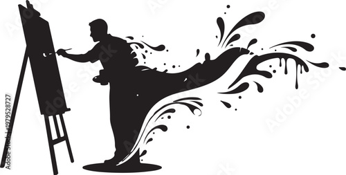Silhouette of artist painting with dynamic ink splashes