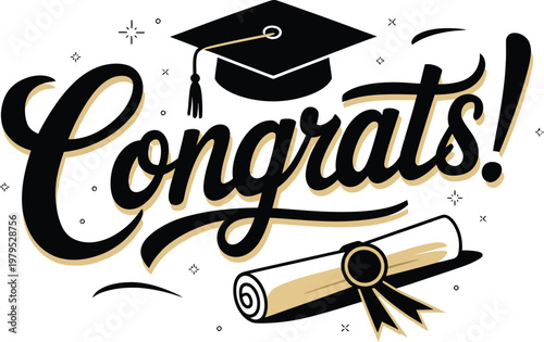 Elegant Congrats Graduation Calligraphy with Cap and Diploma Vector