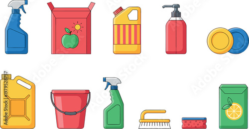 Flat Design Cleaning Supplies Set with Bottles, Buckets, Brushes, and Containers for Household, Cleaning, and Hygiene Branding Designs