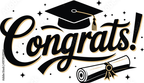 Elegant Congrats Graduation Calligraphy with Cap and Diploma Vector