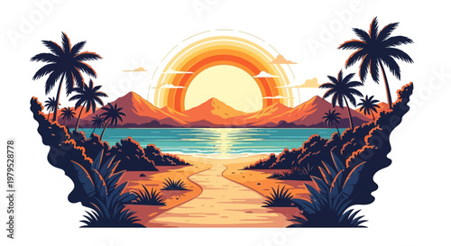 Tropical beach pathway to ocean shore.