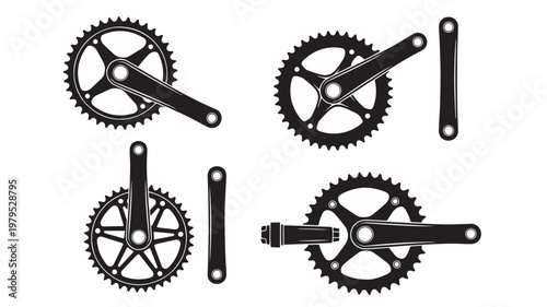 Gear crank sprocket icon set with black circular cogs, wrench link bars, and simple mechanical design