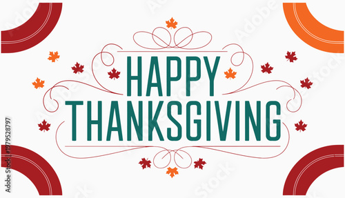 Happy Thanksgiving Greeting Card Vector Illustration with Autumn Leaves and Decorative Borders