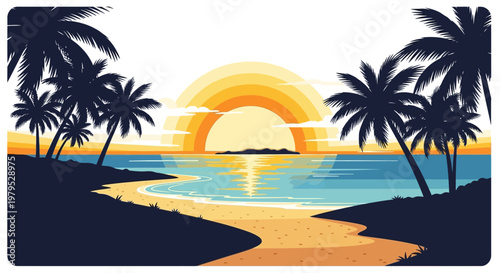 Palm trees on sandy beach shore.