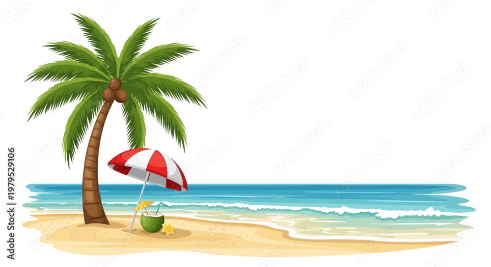 Fototapeta premium Palm tree on sandy beach scene.