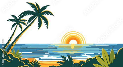 Two palm trees on sandy beach.