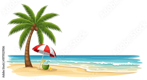 Palm tree on sandy beach scene.