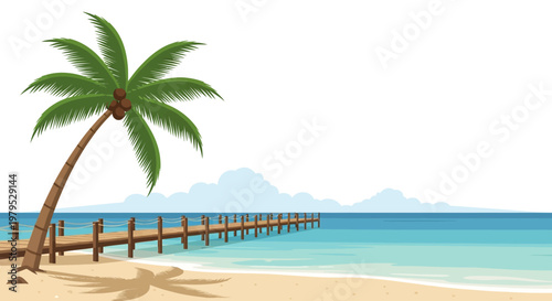 Palm tree on sandy beach shore.