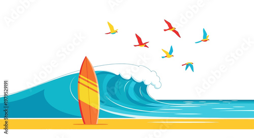 Surfboard standing on the sandy beach.