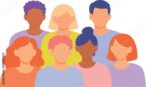 Diverse group of people portrait front view representing inclusion and multicultural community flat vector illustration.