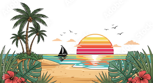 Sailboat on a tropical beach sunset.