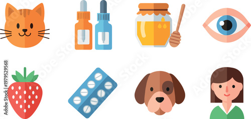 Flat Design Icons Set of Cat, Dog, Strawberry, Eye Care, Medicine, Honey, and Woman for Health, Pet Care, and Wellness Designs