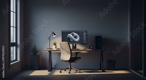 Modern workspace with computer and chair in a dark room.