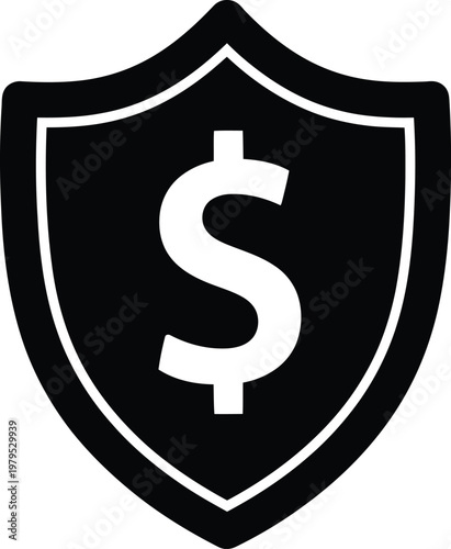 Financial security shield icon, dollar sign protection, black and white vector graphic, money safety symbol