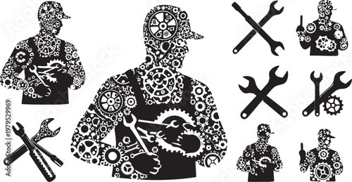 Mechanic with tools and gears in creative design