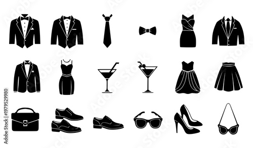 Black event dress code icons set formal attire silhouette vector illustration