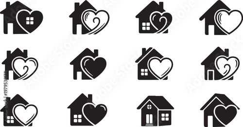 Houses and hearts love home sweet icons