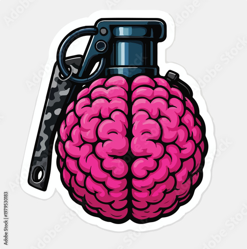Vibrant pink human brain stylized as a dangerous military grenade to represent intelligence as an explosive and powerful force