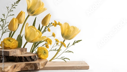 Yellow Flowers with Wooden Planks Rustic Natural Background with Copy Space