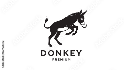 Donkey silhouette logo with premium branding text and black vector style against a white background featuring farm animal, livestock, equine with