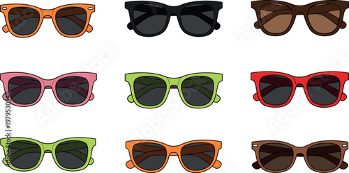 Colorful Fashion Sunglasses Collection with Trendy Frames in Pink, Green, Black, Orange, and Red for Eyewear Design and Summer Accessories