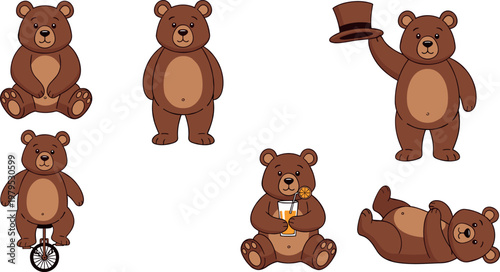 Cute Cartoon Bear Character Collection with Circus Acts, Unicycle, Hat, and Trophy Illustration for Kids Party and Animal Theme Design
