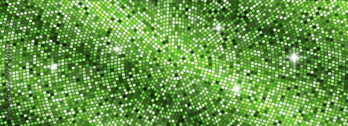 Green disco ball mosaic vector background. Radial circular pattern of green square tiles with glowing sparkles, symbolizing party, dance, glitter, retro disco, and festive event backdrop.