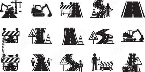 Road construction icons and symbols in black and white