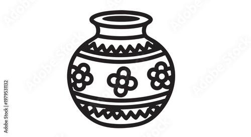 Black and white vase, decorative pottery, floral pattern, vector illustration, ceramic design