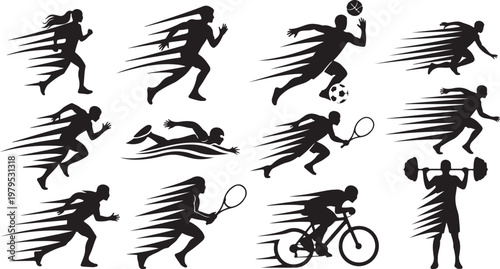 Silhouettes of athletes in various sports motions and actions