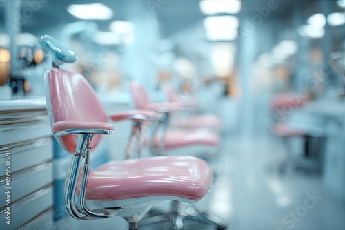 Close-up of a pink dental chair in a sterile, modern clinic with blurred background