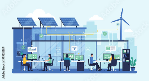 Green Energy Office: Solar Panels, Wind Turbine, and Technology