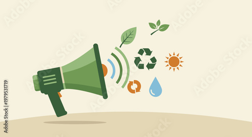 Megaphone with environmental symbols, eco-friendly message, green living concept