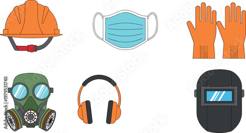 Personal Protective Equipment Icon Set with Helmet, Mask, Gloves, Gas Mask, Headphones, and Welder's Helmet in Flat Vector Style