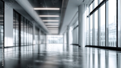 Long, modern, empty office corridor with glass walls and shiny reflective floor