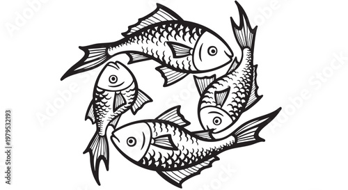 Fish, swimming fish, black and white illustration, vector fish icons, aquatic animals