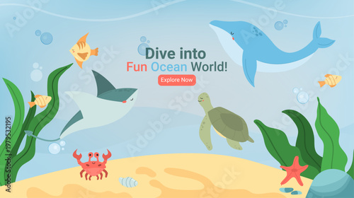 Ocean Animals Banner with Dolphin, Shark, Turtle and Fish in Flat Design, ideal for web headers and children themed designs.