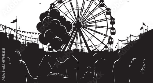 Black silhouette carnival, amusement park, ferris wheel, fairground vector illustration, night scene