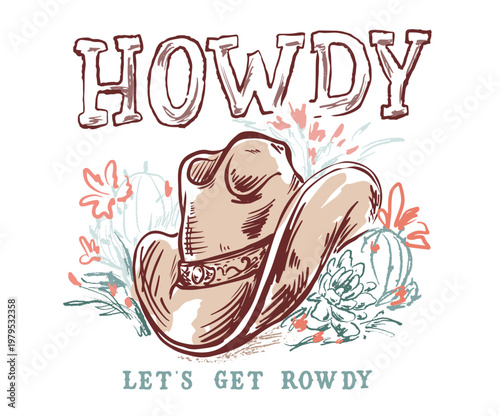 Cowgirl hat wwith cactus hand drawn
