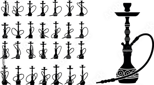 Minimalist Hookah Icons Set in Silhouette Style for Smoking Accessories, Shisha Pipes, and Relaxation Themes