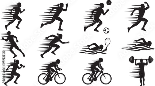 Silhouettes of athletes engaging in various sports activities quickly