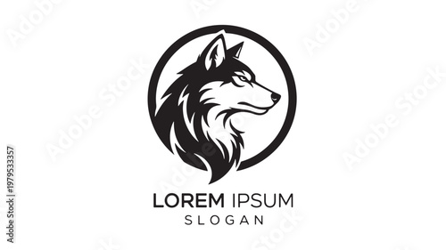 Wolf head logo with bold circular badge and sharp monochrome vector style for team branding and mascots