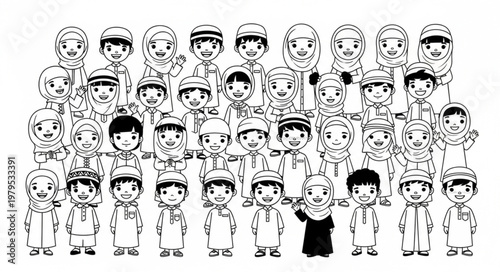 Group of Muslim children in traditional attire, black and white illustration.