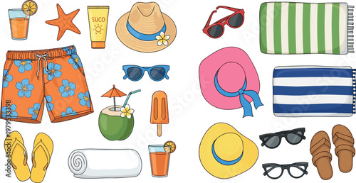 Summer Essentials Illustration Set Featuring Beachwear, Sunglasses, Towels, and Refreshing Drinks for Vacation, Travel, and Seasonal Designs