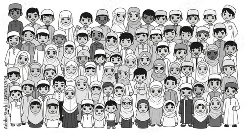 Group of Muslim children in traditional attire, black and white illustration.