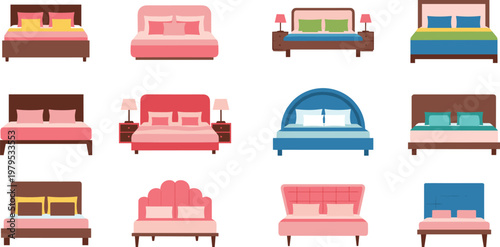 Bedroom Bed Styles Illustration Set Featuring Various Designs with Pillows, Comforters, and Headboards for Home, Interior, and Furniture Design Projects