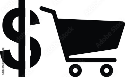 Shopping cart, dollar sign, e-commerce icon, black vector graphic