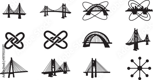 Various bridge icons and atomic symbols in black